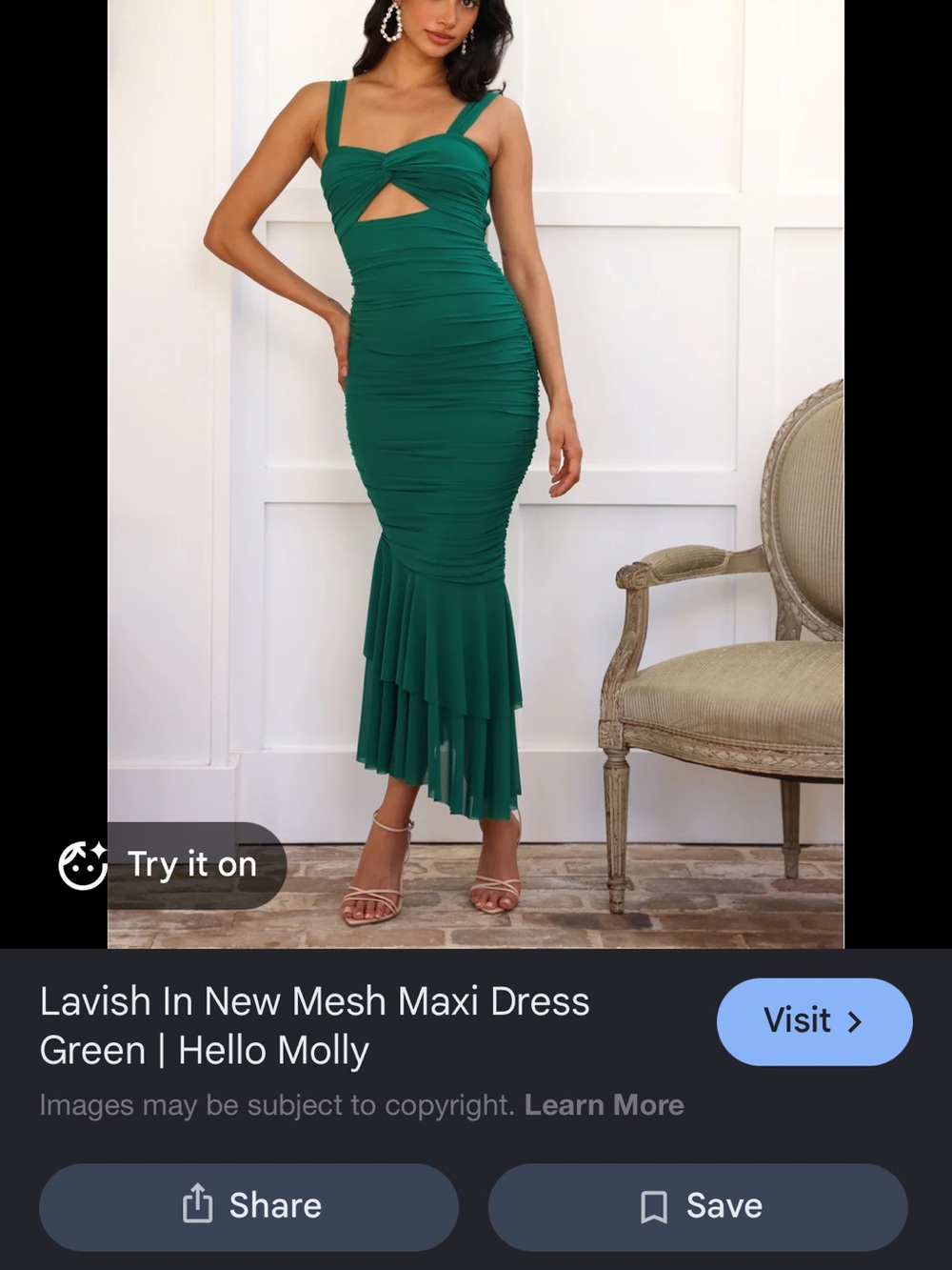 Hello Molly Emerald Ruched Mesh Maxi Dress with Cutout